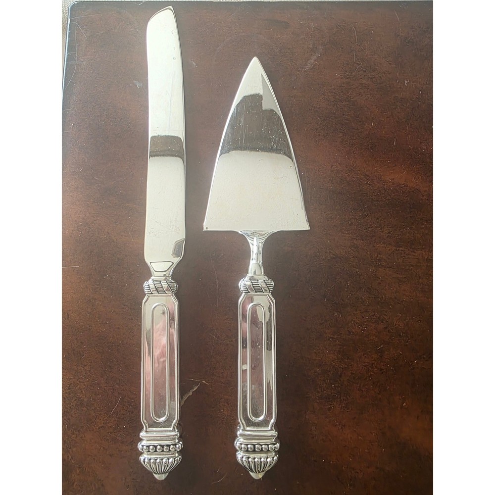 Silver Plated Cake Knife and Server Set Ornate Beaded Handle Wedding Serving 2pc