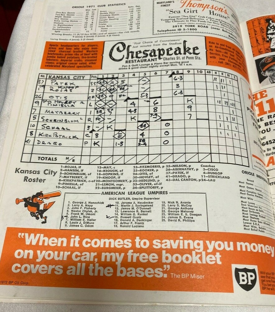 May 6, 1972 Orioles vs Royals Baseball Program---Cuellar vs Drago EX