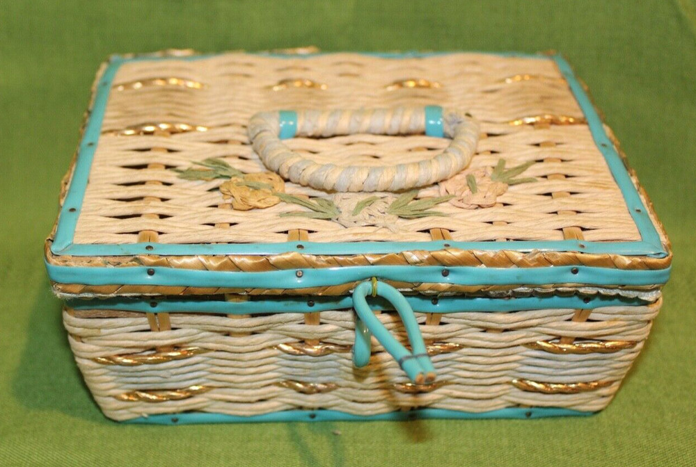 Vintage wicker sewing box w/ buttons needles pins thread