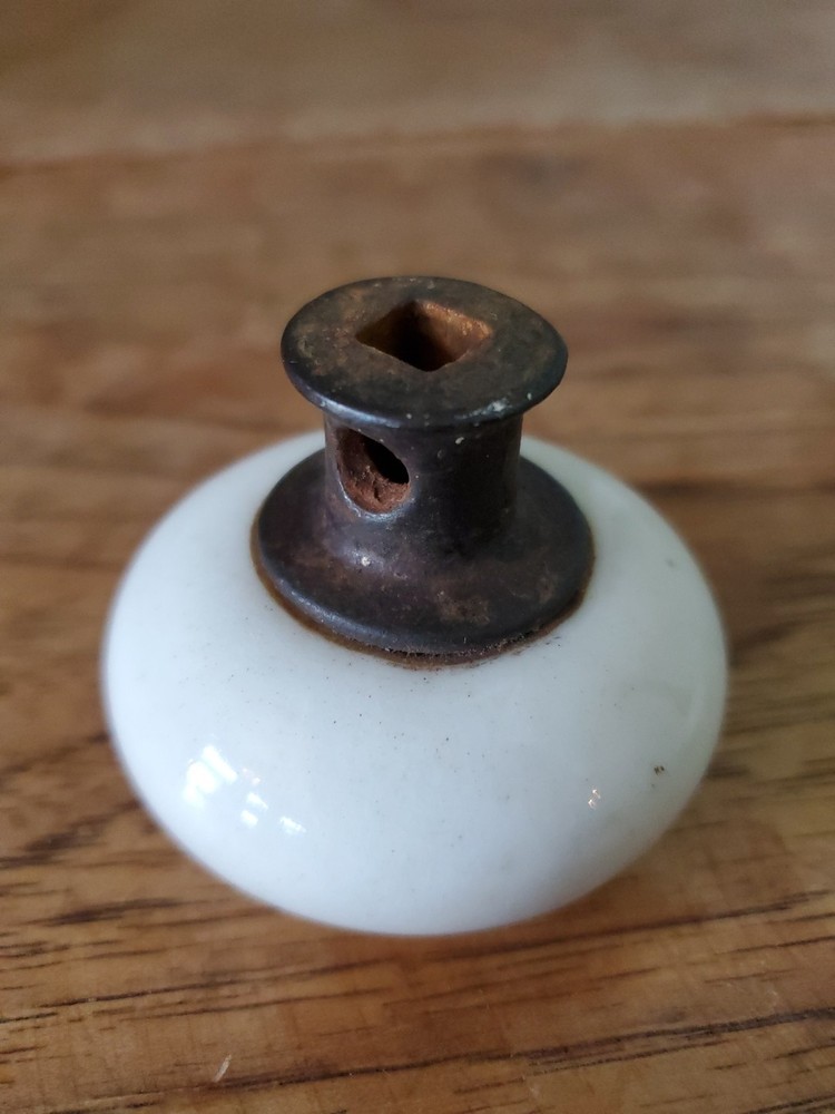 Two Antique Victorian White Porcelain Door Knobs With Iron Stem