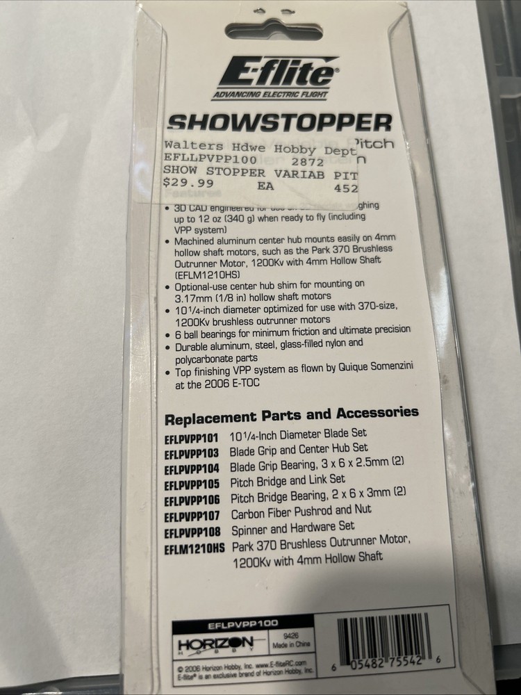 E-FLITE EFLPVPP100 = SHOWSTOPPER VARIABLE PITCH PROP (NEW)