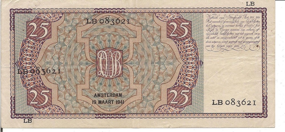 NETHERLANDS, 25 GULDEN, P#50, 1941