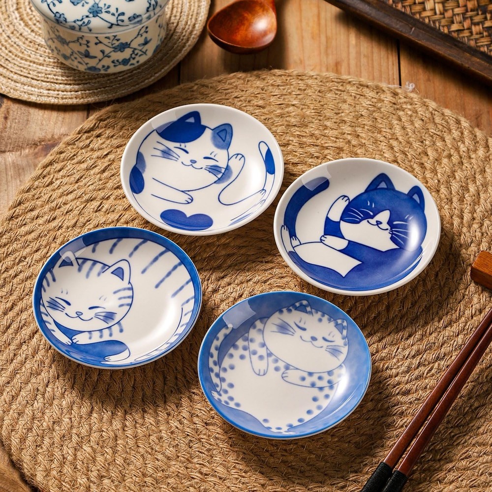 VanEnjoy Small Cute Ceramic Dishware Sets, Kawaii Cat Small, Blue and White