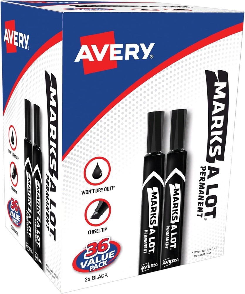 Chisel Tip Black Permanent Marking Pens Pack of 36 Quick Drying Ink