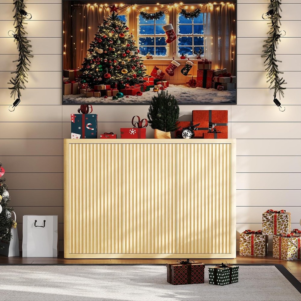 Fluted Buffet Sideboard with Adjustable Shelves & 3 Doors for Kitchen & Hallway