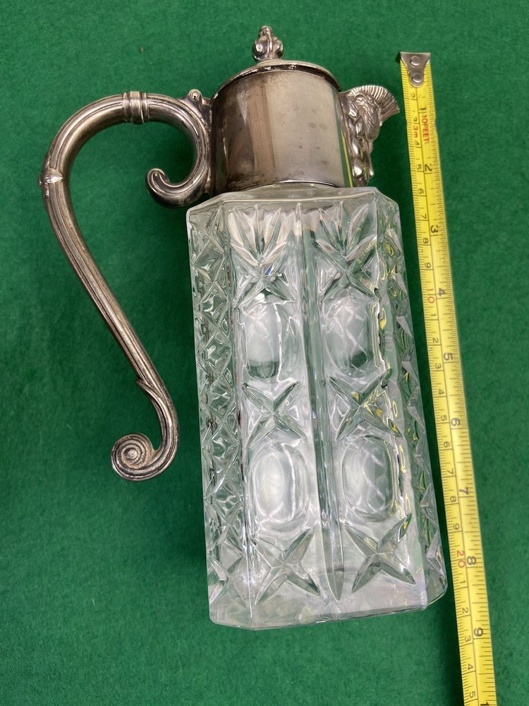 Silver Plated Small Rectangular Cut Glass Decanter Claret Jug Bacchus Face