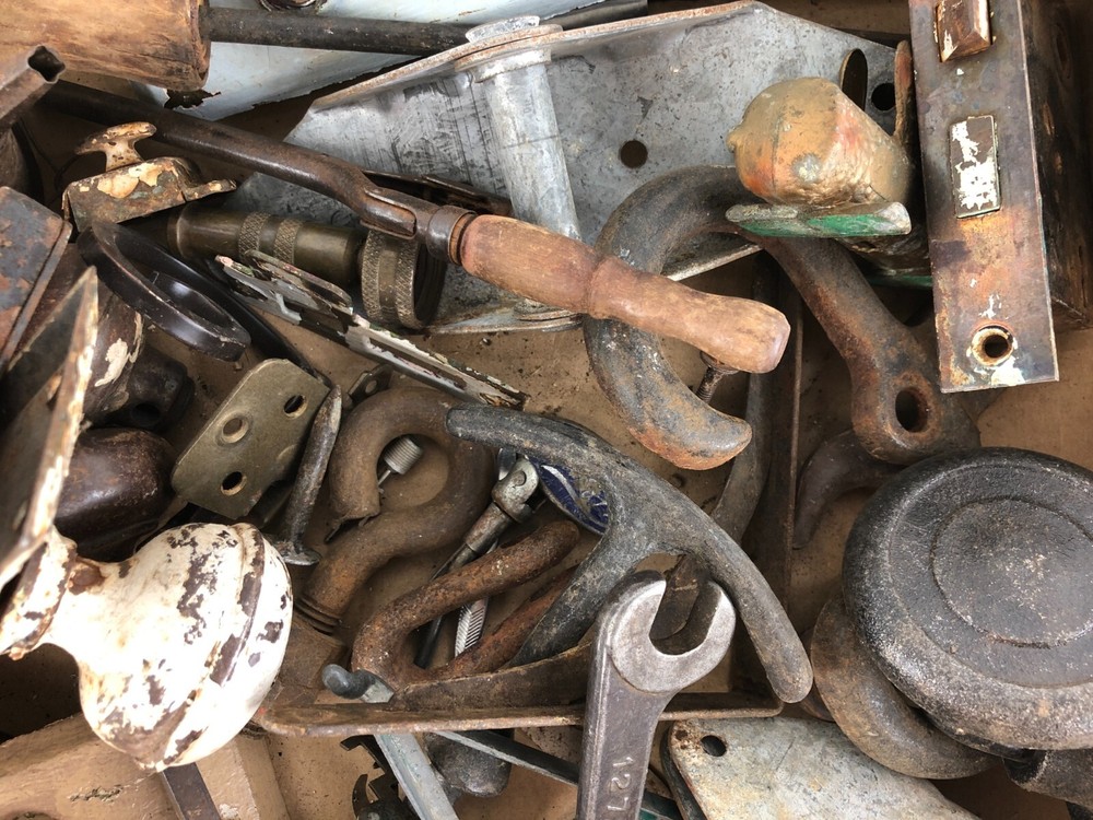 12 Pounds Mixed Miscellaneous Old Hardware Metal Stuff Locks Hooks Wheels Pulls