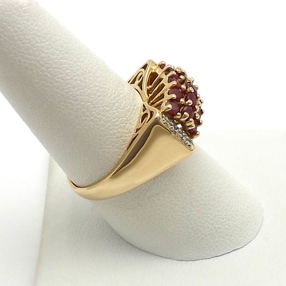 14k Gold Natural Ruby Diamond Ring High Set Triple Row Setting