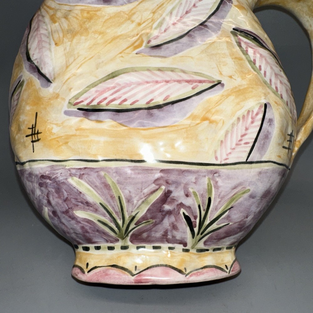 VINTAGE MCM SIGNED ITALIAN? HAND PAINTED POTTERY PITCHER LEAF PATTERN