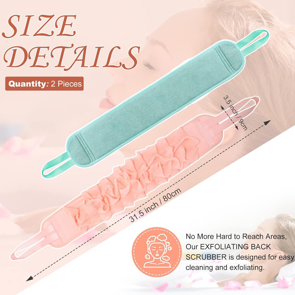 2 Pack Exfoliating Back Scrubber Double Sided Exfoliating Cloth with Strap Lo...