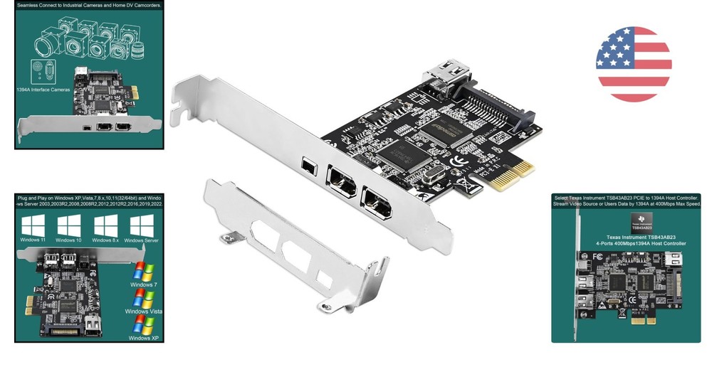 Texas Instruments PCIe Firewire 400 Card - 4 Ports for Windows & Mac Devices