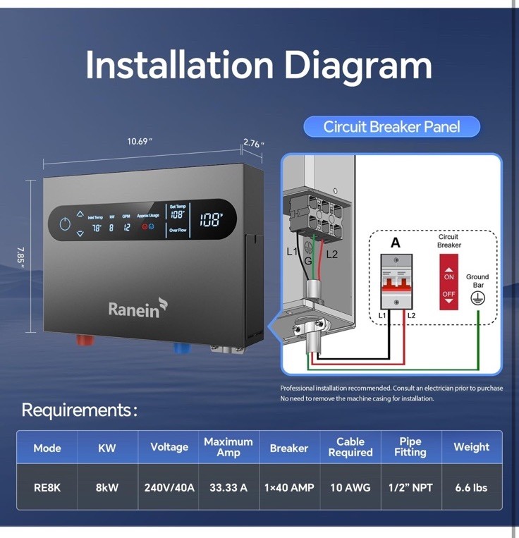 Ranein Tankless Electric Water Heater Model RE8K 8kW 240V IPX4 CSA 1.9 GPM