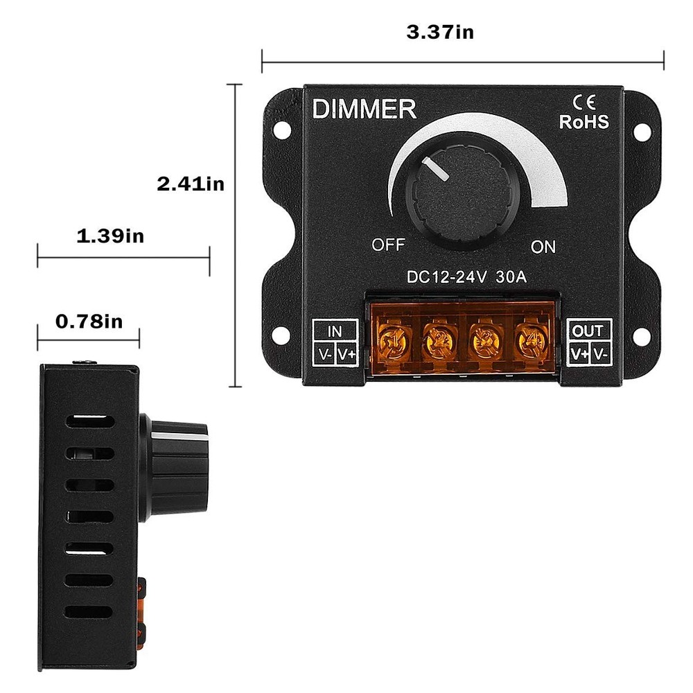 LED Light Strip Dimmer PWM Controller 12V-24V 30A Brightness Adjust Switch