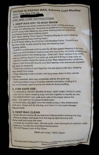 USMC Extreme Cold Weather Sleeping Bag Sleep System Component Over Run Irregular