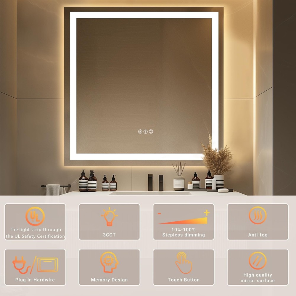 36"x 36" LED Bathroom Mirror with Stepless Dimmable, Backlight Wall Mirrors w...