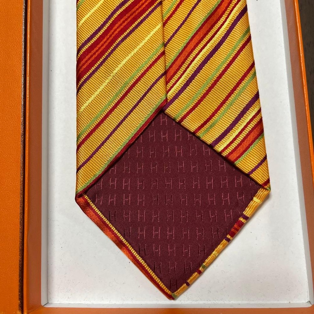 HERMES Tie Orange Multi Color Stripe Jacquard