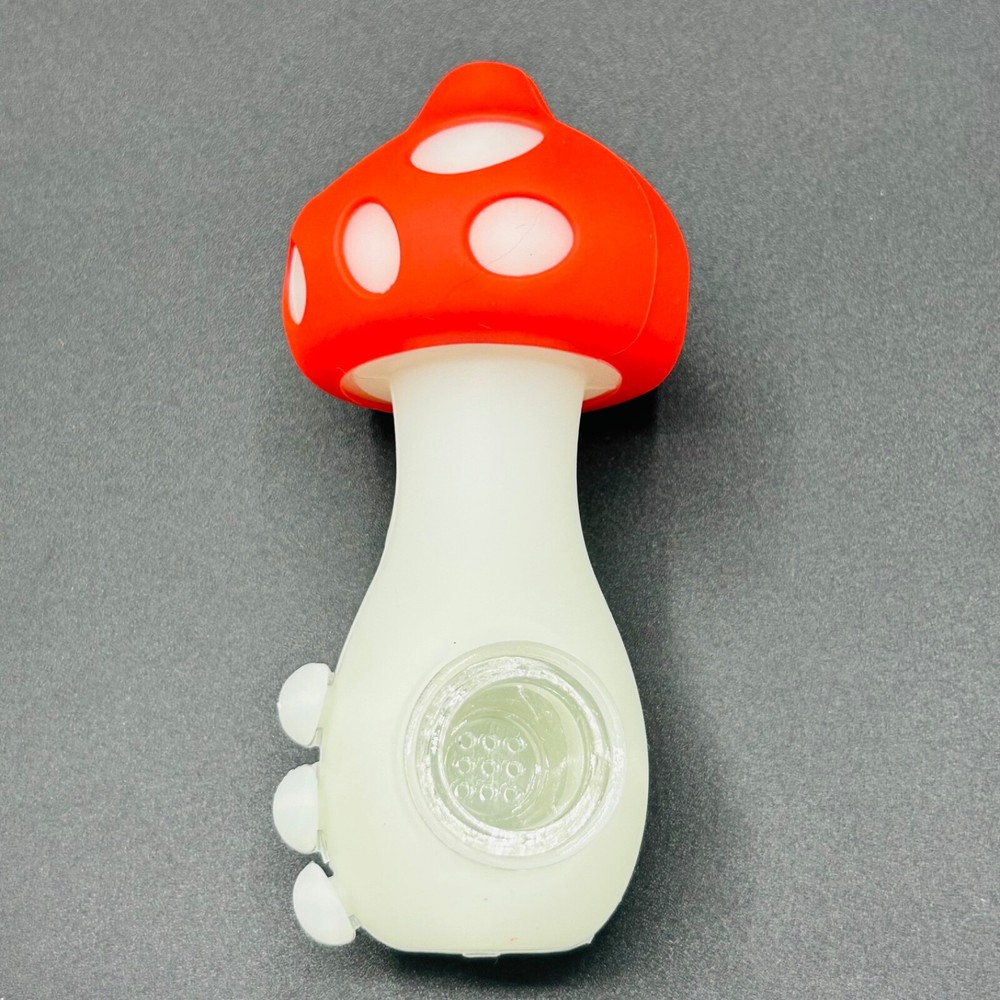Silicone Smoking Pipe with Glass bowl GLOWS red  MUSHROOM pipe