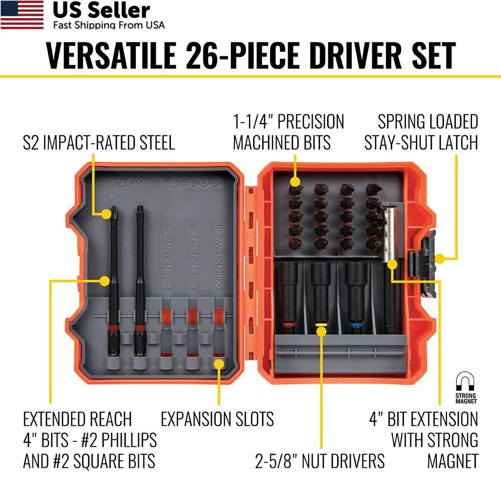 Klein Tools 32799 Impact Driver Bit Set, 26 Piece Nut One Size, Multi