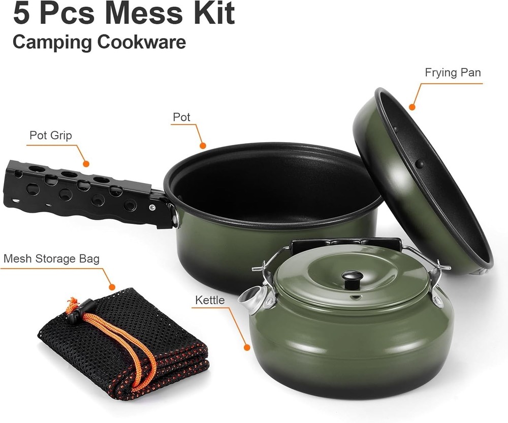 5PCS Camping Cookware Set Non-Stick Pot Pan Kettle Removable Handle Green