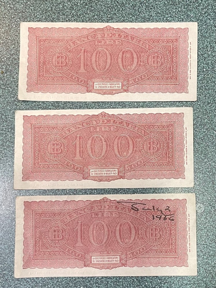Three (3) 100 Lire Turrita 1944 EF - Consecutive Rare Banknotes