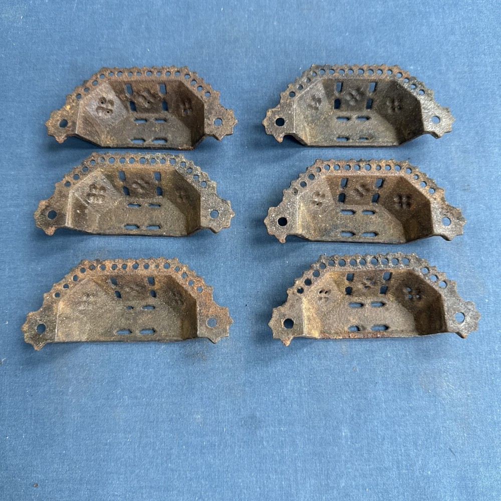 6 Antique Victorian Eastlake Pierced Cast Iron Bin Drawer Pulls Cup Drawer Pulls