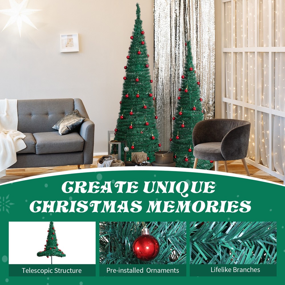 2 Pack, 6FT 5FT Artificial Pop Up Christmas Tree with Red Ball Ornaments