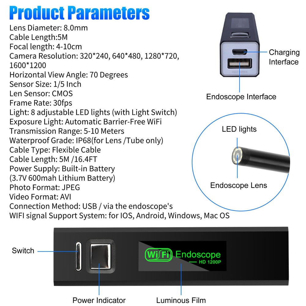 5M 8LED WiFi Borescope Endoscope Snake Inspection Camera for iPhone Android iOS