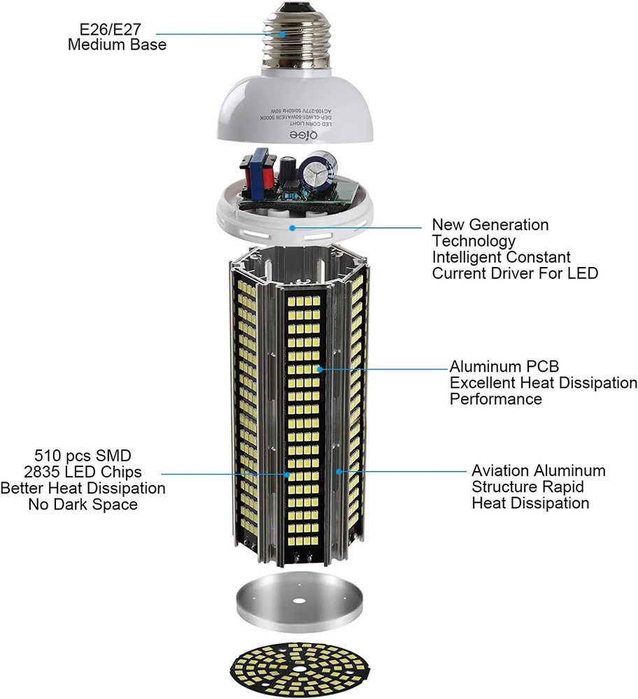 600W Equivalent LED Corn Light Bulb 60W 7000 Lumen 5000K Daylight White E26/E27