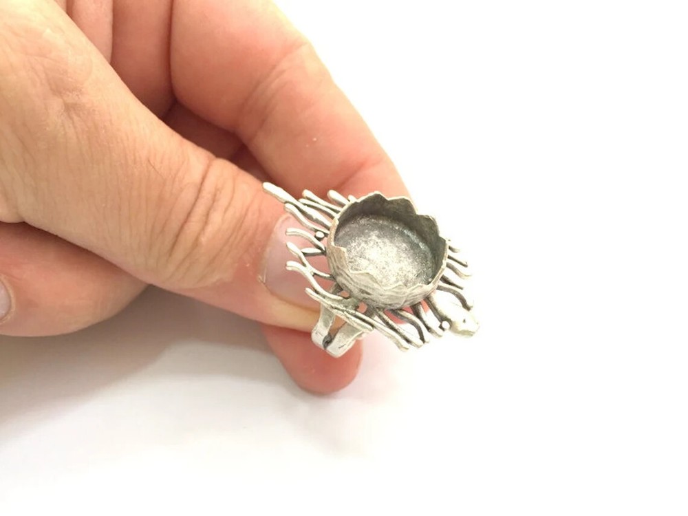 Round Blank Ring Bezel Setting Adjustable Base Antique Silver Plated Brass