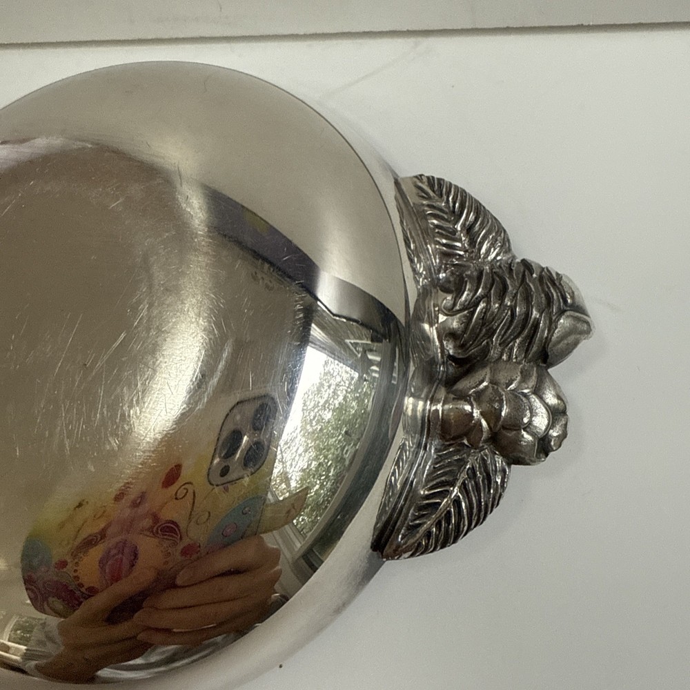 Reed & Barton 192 Red Enamel Candy Dish Silver Plate Acorn Leaf Handle EUC