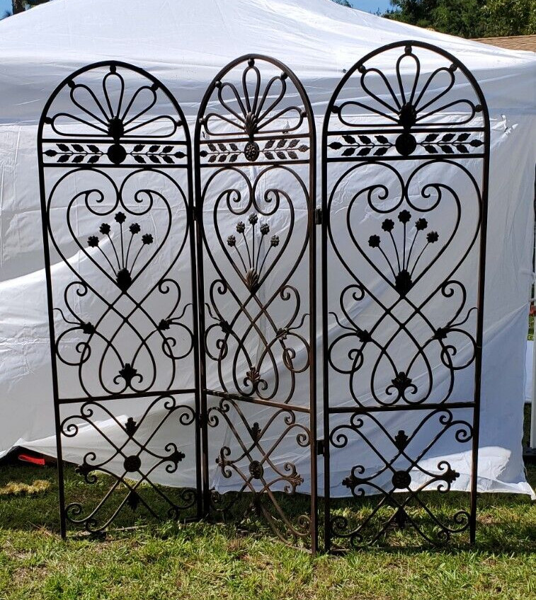 Wrought/Cast Iron Folding Room Divider Screen Bronze Tone Very Heavy Solid Piece