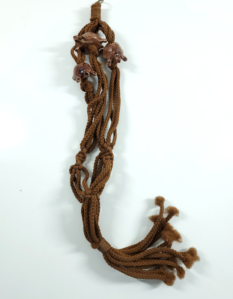 Vintage Boho Brown Macrame Ceramic Turtle Bead Hanging Plant Holder
