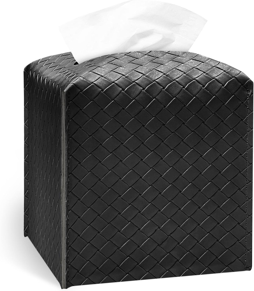 Tissue Box Cover Holder, PU Leather Tissue Box Cover with Braided Pattern, Squar