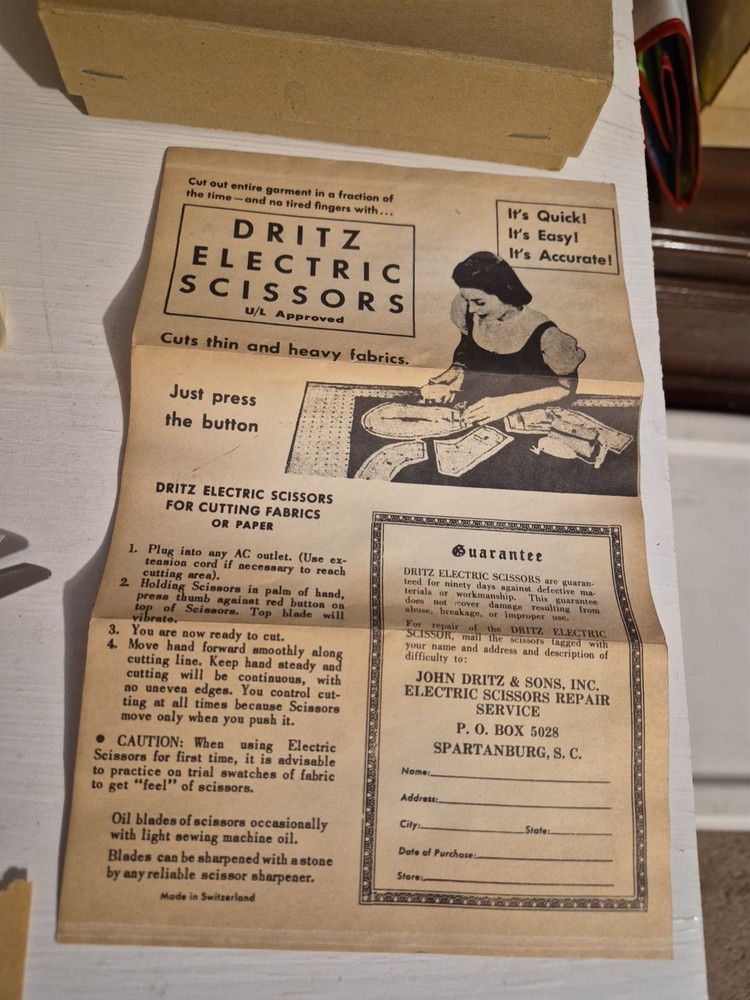 VTG DRITZ ELECTRIC SCISSORS ORG BOX INSTRUCTIONS HOLDER ORIGINAL RECEIPT TESTED
