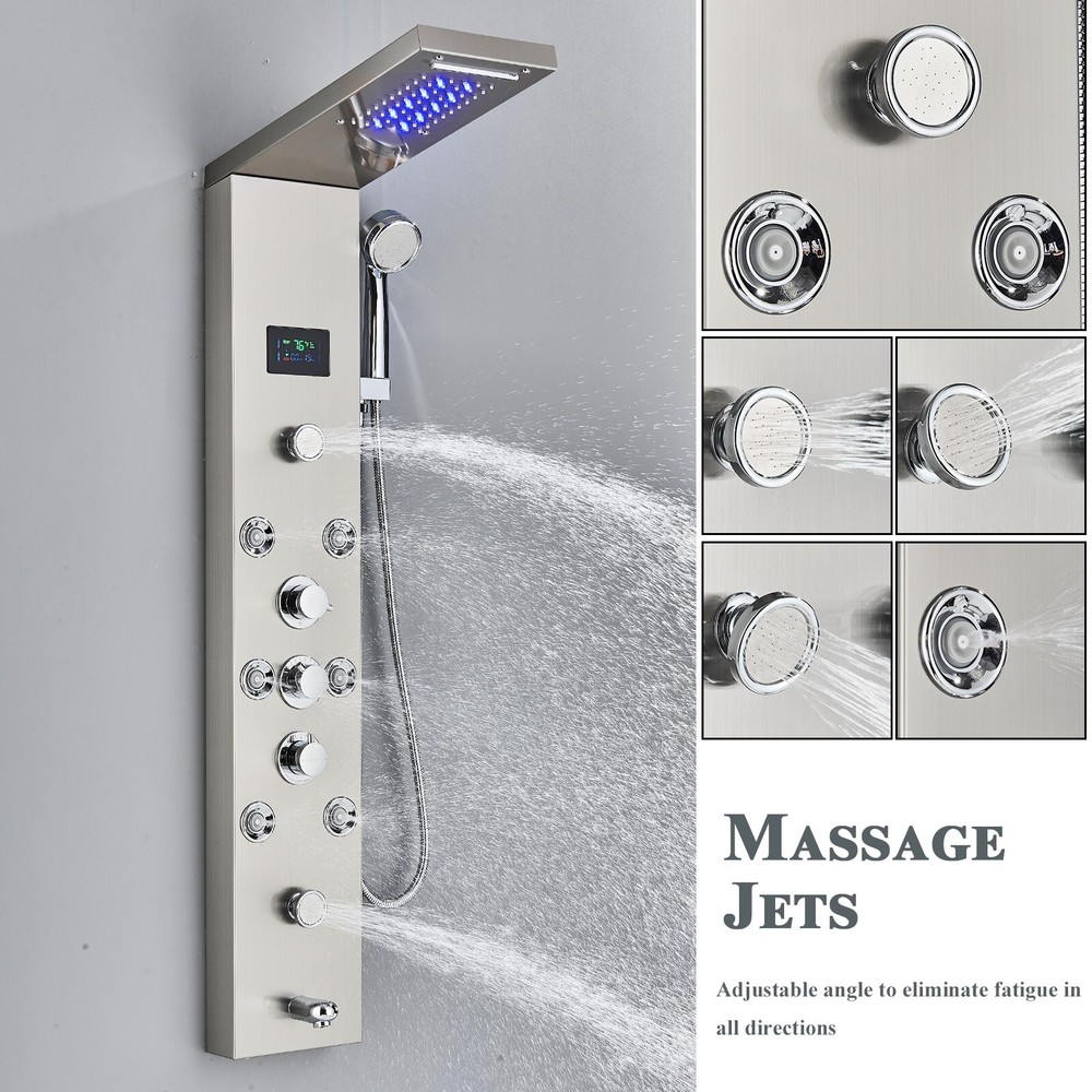 Rain Shower Panel Tower System Stainless Steel 6-Function Faucet LED Shower Head