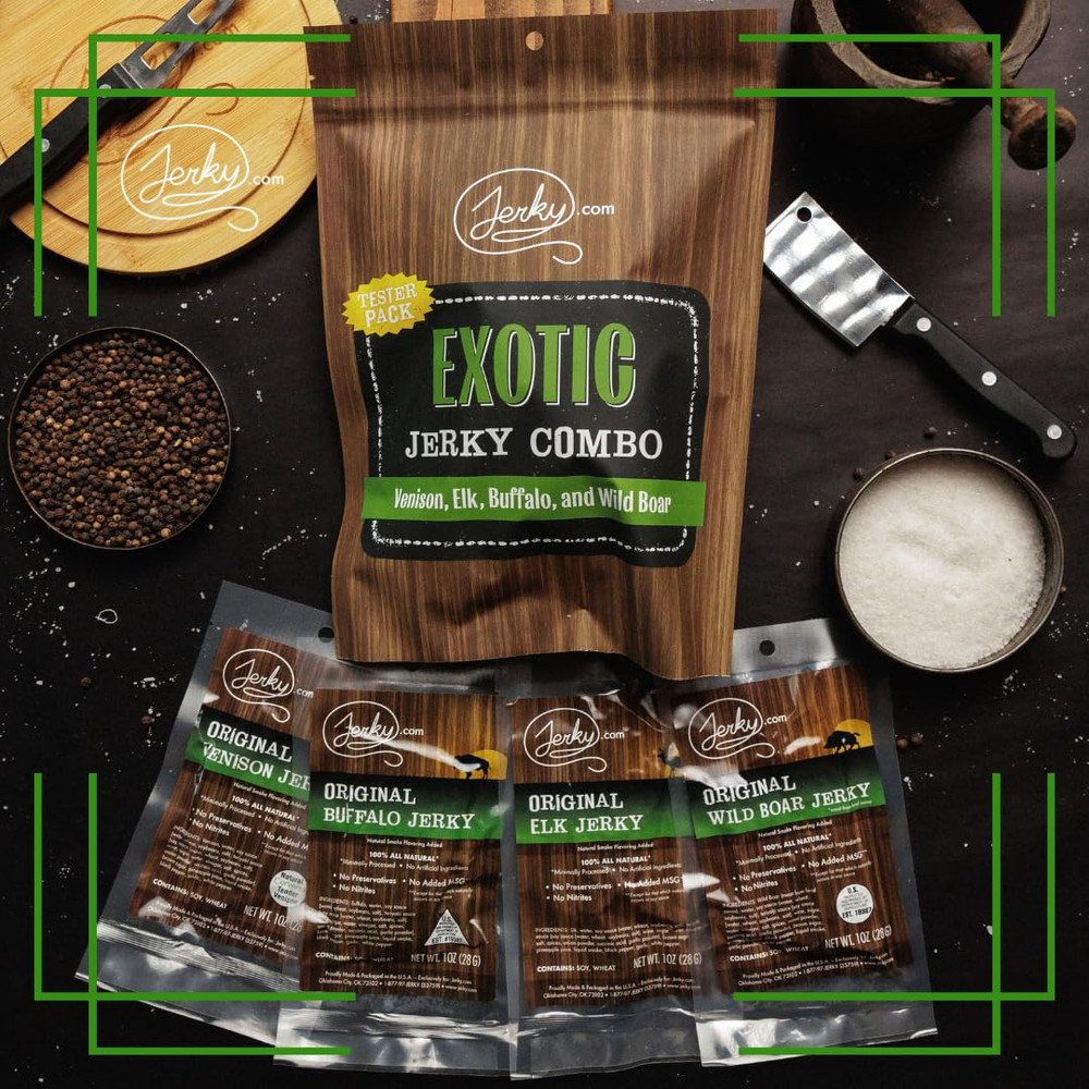 Exotic Jerky Variety Pack | 4pc Wild Game Snacks Sampler with Venison, Elk, Buff