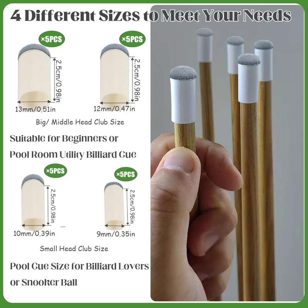 20pcs Slip On Pool Cue Tips, 4 Sizes Pool Queue Stick Tips Replacement Kit,
