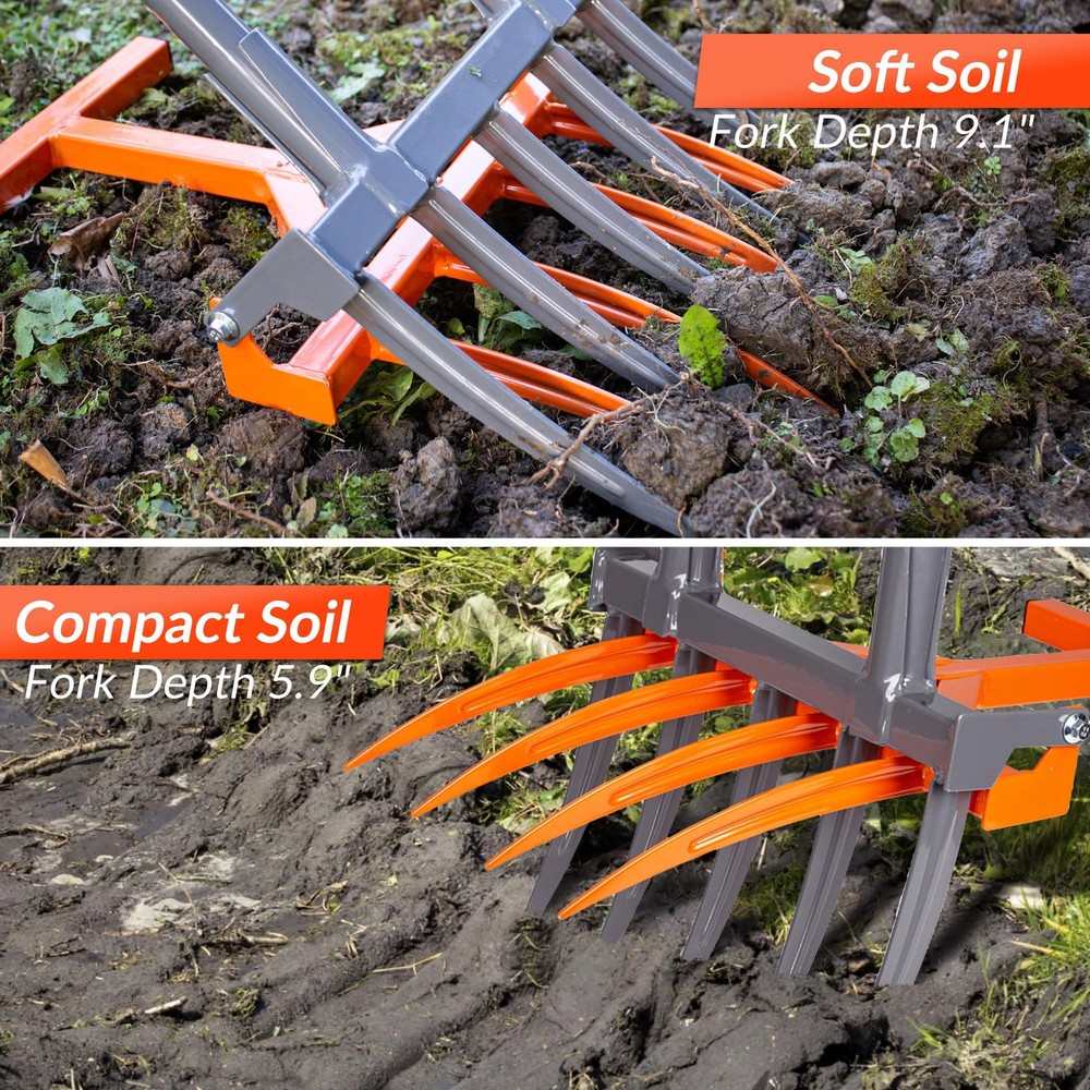 Walensee Broad Fork Garden Tool, 9 Tines Heavy Duty Broadfork Hand Orange