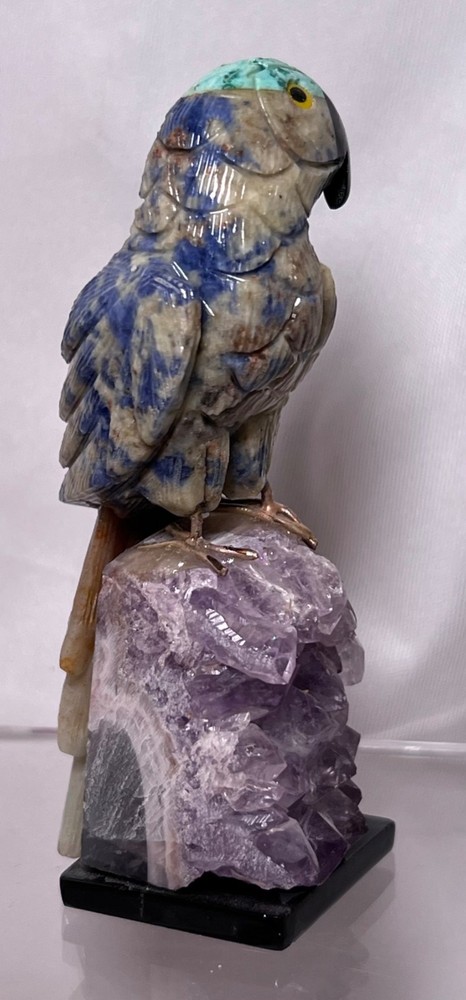 Peruvian Handcrafted Blue & White Parrot Figurine On Amethyst Stone Base 4.5"