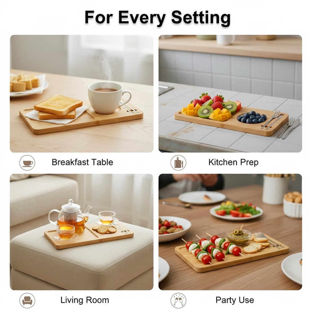 Ninebendstreams Bamboo Serving Tray with Fork and Spoon Lightweight Serving Plat
