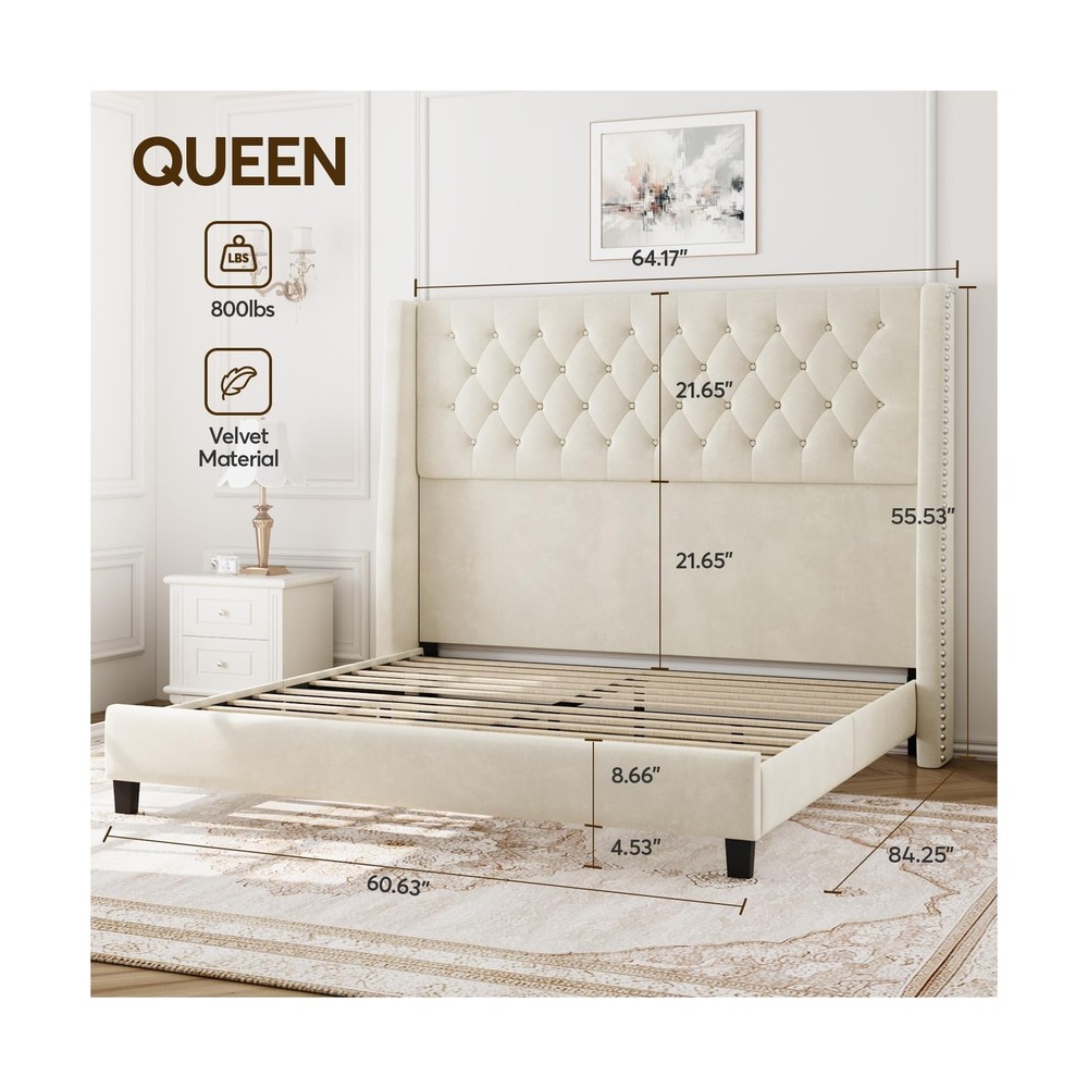 Queen Bed Frame with 55" Tall Headboard, Upholstered Bed Frames, Soft Fabric,...