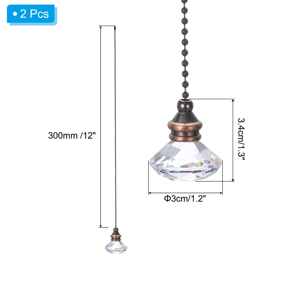 Ceiling Fan Pull Chain, 2Pcs 12" Diamond Pendant Chain Extender, Clear