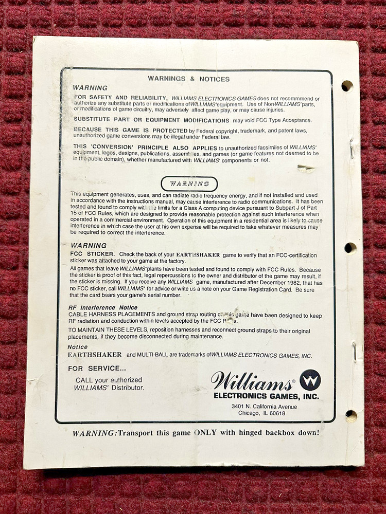 Williams Earthshaker Pinball Manual - Original