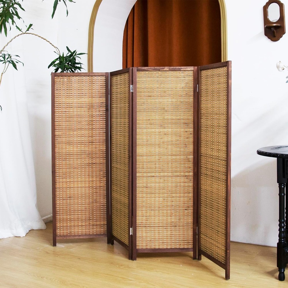 4 Panel Short Panel Divider Screen,3.95 FT Tall Bamboo Room Divider Folding