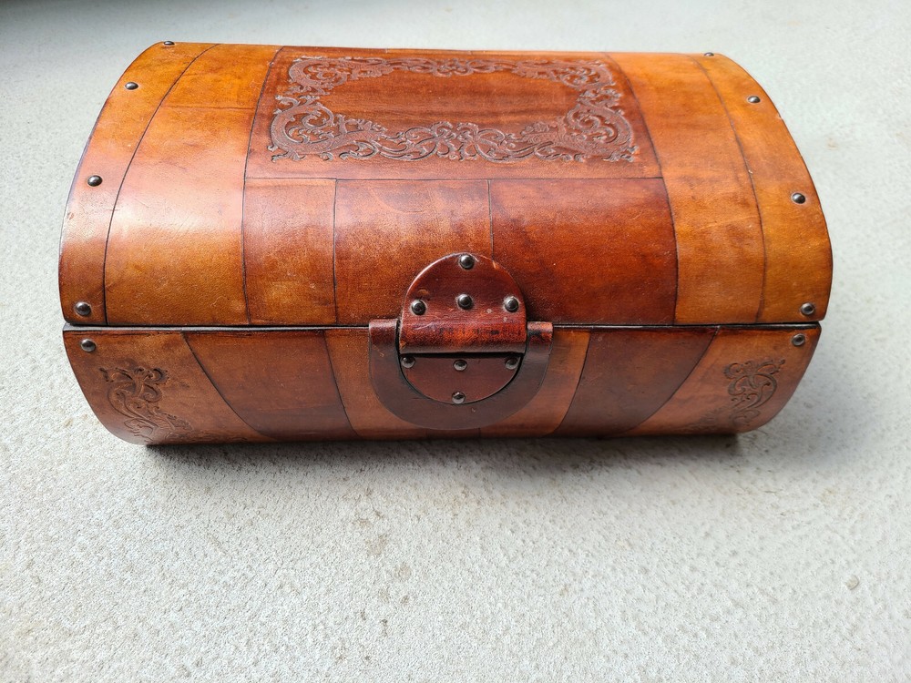 Gorgeous Leather Trunk with Rounded Hand-Tooled Cover