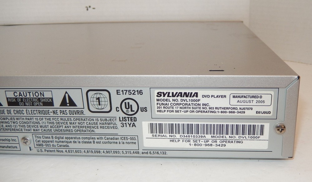 Sylvania DVL1000F DVD Player with AV Cable "NO REMOTE"