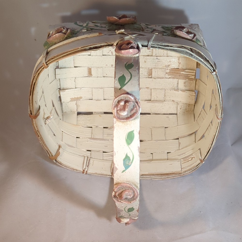 Ivory Rectangular Decorative / Easter Basket With Pink Rose Accents and Handle
