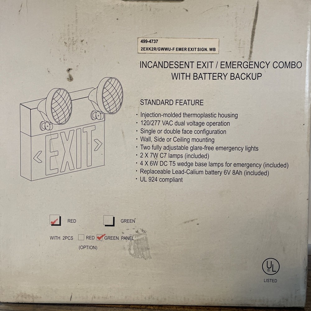 UL Listed Incandescent Exit/Emergency Combo With Battery Backup Red& Green Panel