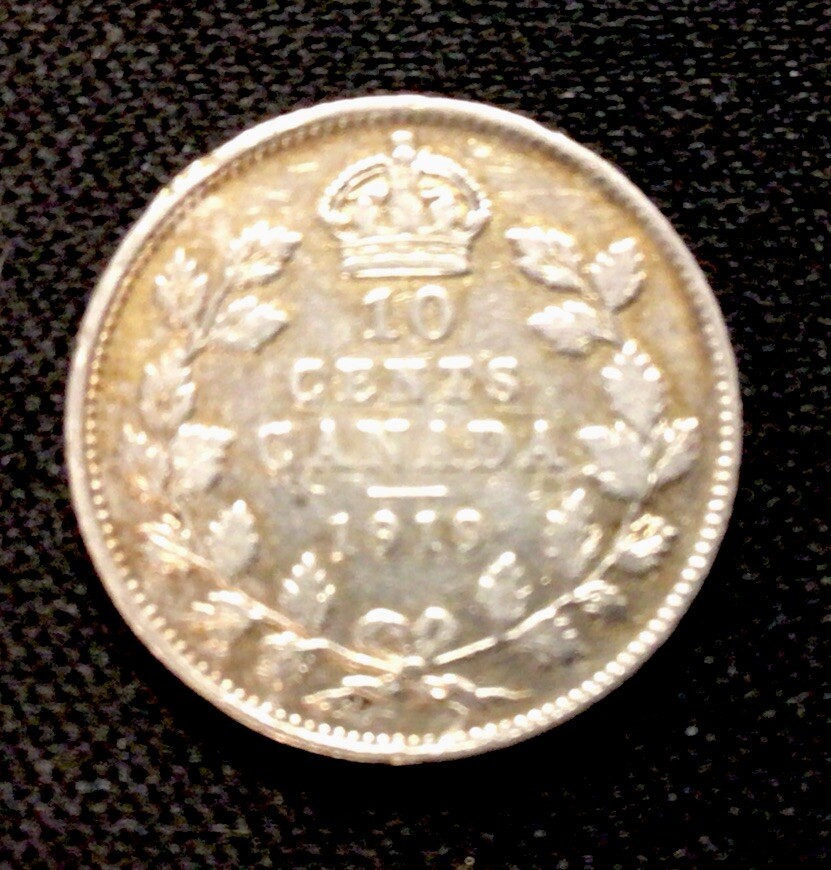 1919 Canada Silver! 10 Cent Details: CLD. ENN Coins
