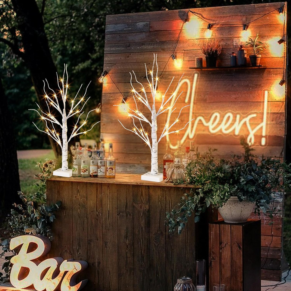 Vanthylit White Birch Tree with LED Lights - Set of 2, Tabletop Tree with Timer,